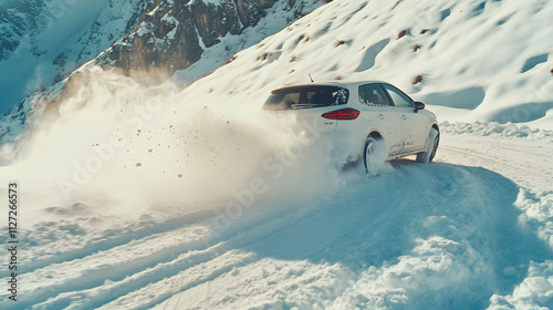 Obraz na płótnie A hatchback attempting to turn on a snowy curve sliding uncontrollably into a snowbank. w salonie