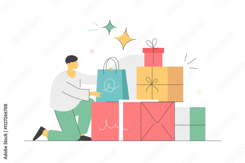 Merry Christmas and Happy New Year. Holiday. Character decorating, packing gifts boxes and preparing to holidays. Flat Cartoon Vector Illustration, icon. Stylish abstract Colorful Merry Christmas and Happy New Year. Holiday. Character decorating, packing gifts boxes and preparing to holidays. Flat Cartoon Vector Illustration, icon. Stylish abstract Colorful