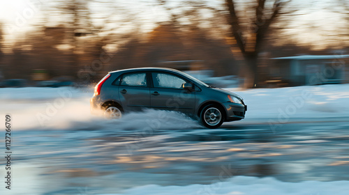 Obraz na płótnie A hatchback spinning in a snowy parking lot summer tires creating polished icy patches. w salonie