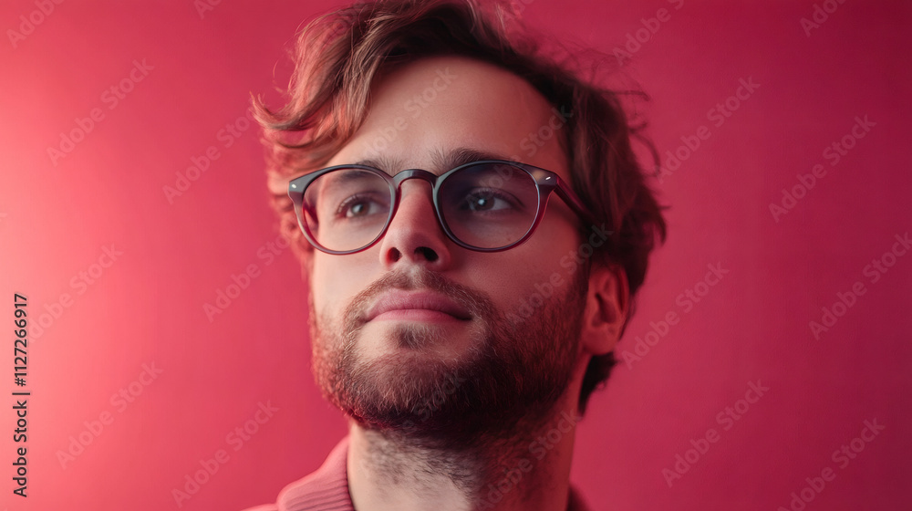 Moment of contemplation and inspiration: a thoughtful male designer wearing eyeglasses looking up on a vibrant pink background Moment of contemplation and inspiration: a thoughtful male designer wearing eyeglasses looking up on a vibrant pink background