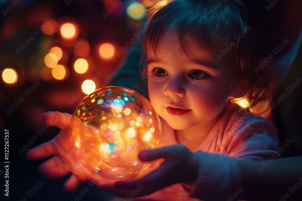 Fototapeta premium Enchanting Moment: Child Gazing at Glowing Orb with Colorful Bokeh Lights in Background