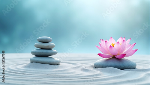 sand, lily and spa stacked smooth stones, pink lotus flower, raked sand, tranquil blue sky, soft lighting, balance and harmony