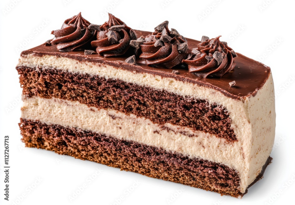 Decadent Chocolate Layered Cake with Rich Frosting and Shaved Chocolate Garnish on a Clean White Background for Dessert Lovers Decadent Chocolate Layered Cake with Rich Frosting and Shaved Chocolate Garnish on a Clean White Background for Dessert Lovers