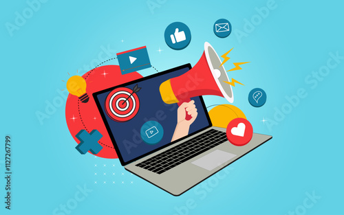 Digital marketing concept flat illustration, Social media campaign, Promotion, E-commerce, Marketing agency Pro Vector