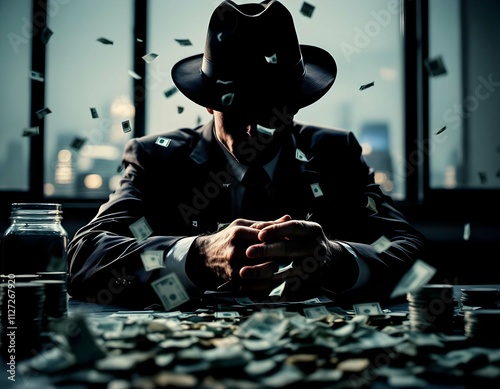 Financial corruption, embezzlement scene, money laundering, illicit activities, close up, focus on, copy space, Double exposure silhouette with currency