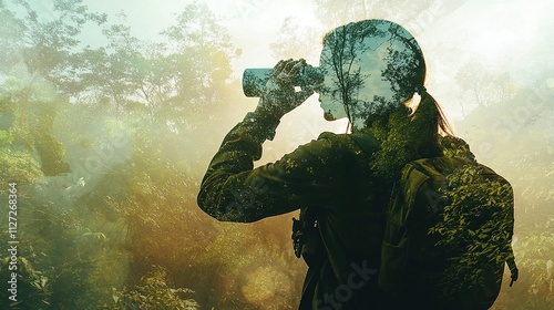A person uses binoculars to observe deer in a vibrant forest setting.