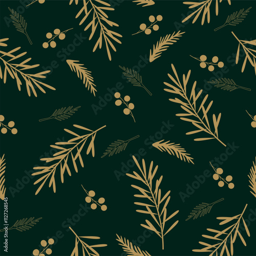 Seamless vector pattern with decorative fir branches, berries and other vegetation

