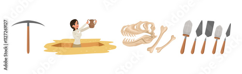 Woman at Archaeological Excavation with Tools Vector Set