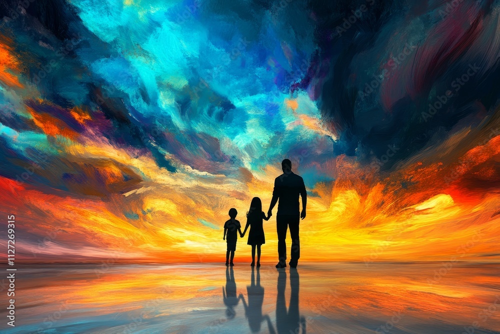 Obraz premium Father and Children Silhouetted Against a Vibrant Sunset Sky