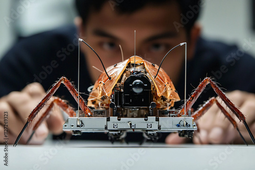 biomimetic robotics researcher testing insect-inspired locomotion prototype