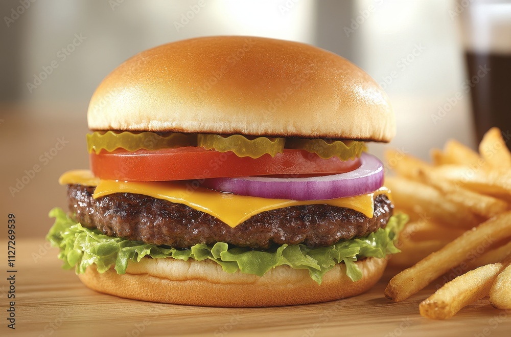 Delicious Cheeseburger with Fresh Vegetables and Crispy Fries on a Wooden Surface, Perfect for a Mouthwatering Meal Experience