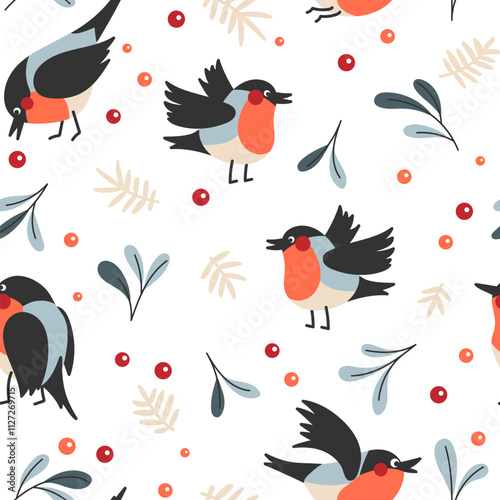 Winter seamless pattern with bullfinches