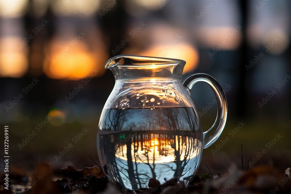 A photo of a clear glass pitcher placed outdoors during sunset