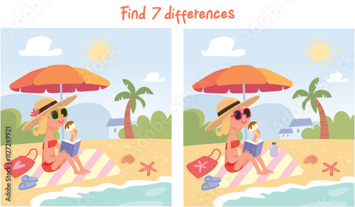 Find the differences puzzle game. Attention task. Worksheet. Woman enjoying summer vacation, sunbathing siting on beach on seaside at sea at tropical resort with palm trees. Puzzle Hidden Items.