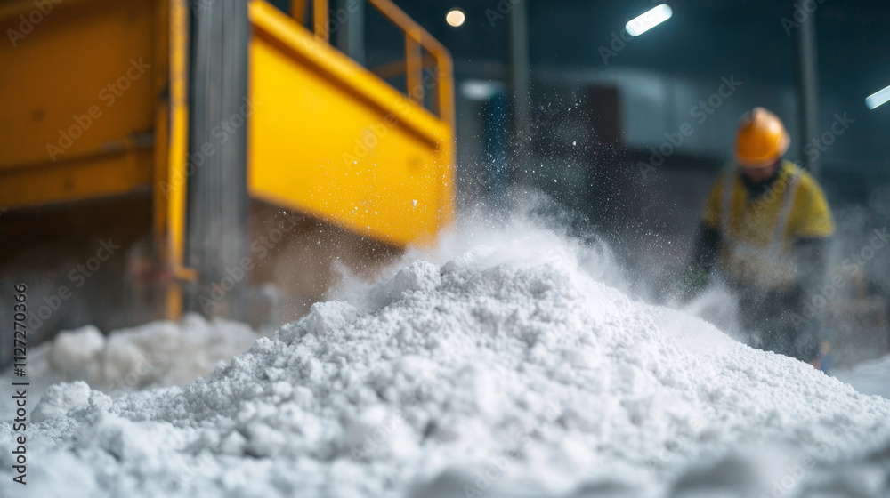 White powder being processed in factory with safety equipment visible White powder being processed in factory with safety equipment visible