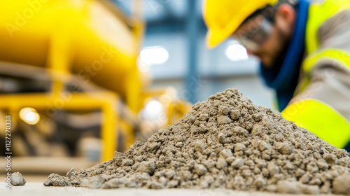 Quality testing of cement in construction site with safety gear
