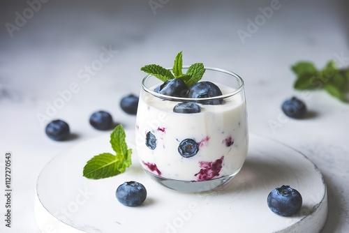 A photo of a glass of yogurt with blueberries and mint leaves