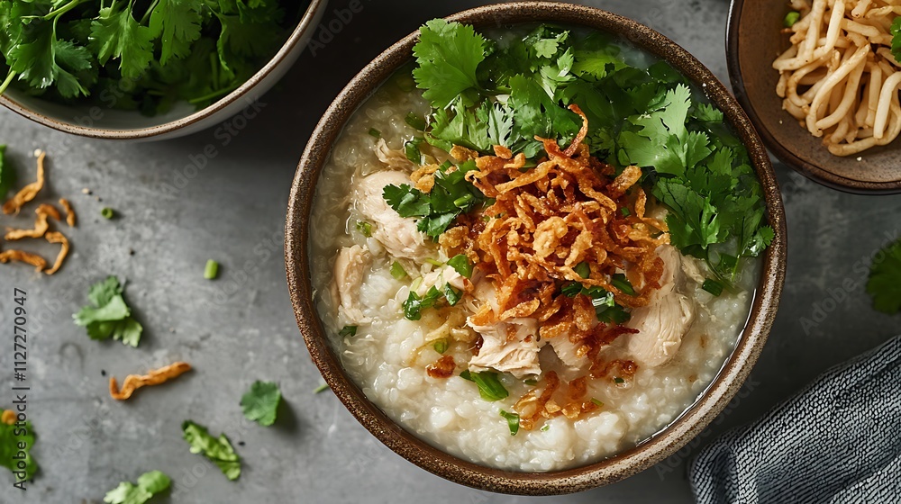 Chao rice porridge made with halal chicken, served with a side of crispy fried shallots and fresh herbs Chao rice porridge made with halal chicken, served with a side of crispy fried shallots and fresh herbs