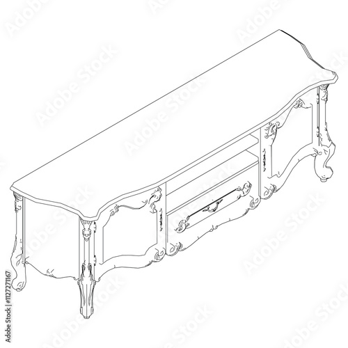 Elegant antique sideboard furniture and home interior decorations in trendy vintage retro style. Modern hand drawn black sketch vector illustrations isolated on white background