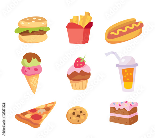 Junk food set. Fast food restaurant menu, assortment. Lunch meals dishes isolated on white background. Vector flat illustration cartoon childish childrens primitive style.