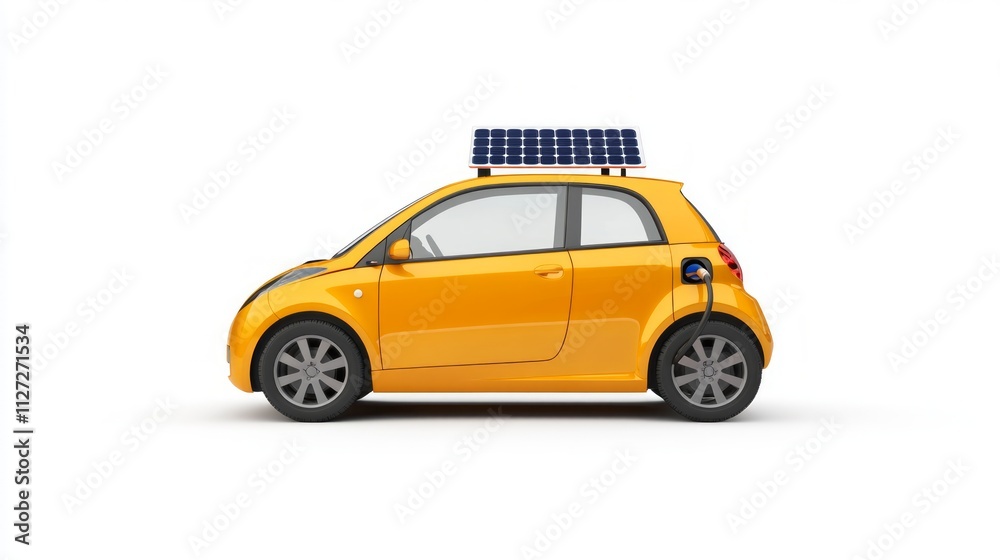 Obraz premium Yellow electric car with solar panel charging.