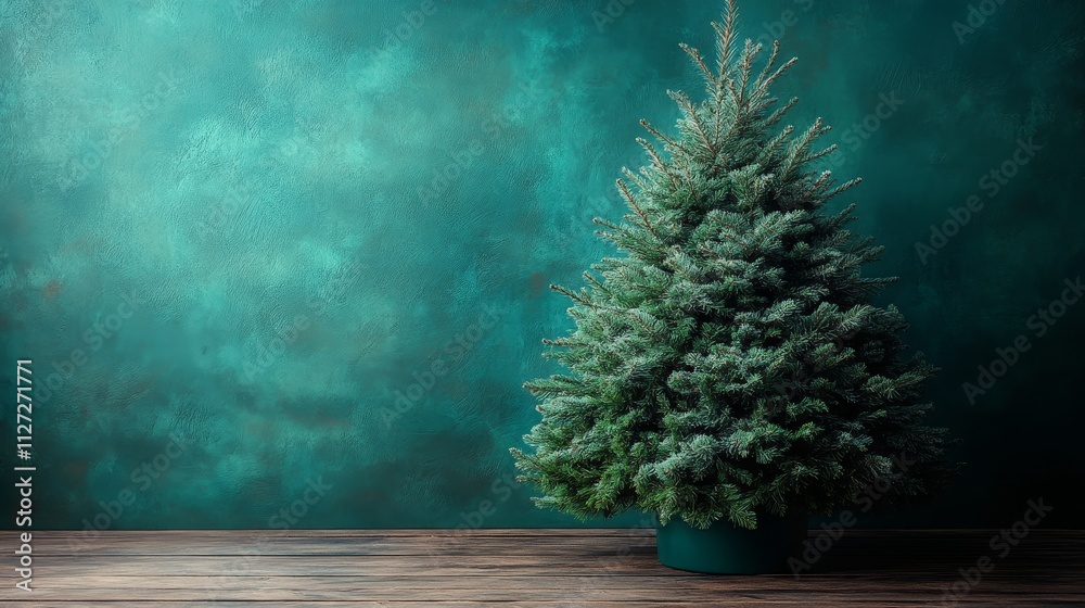 Serene green christmas tree against a textured teal background Serene green christmas tree against a textured teal background