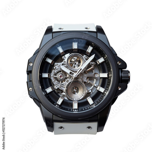 PNG of Stunning black and white mechanical watch showcasing intricate details and craftsmanship on transparent background.