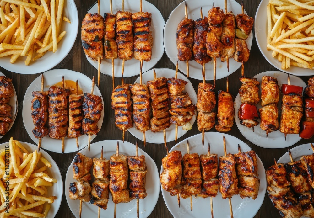 Delicious Grilled Skewers and Crispy Fries Spread Across Plates, Showcasing a Mouthwatering Array of Food Ideal for Summer Barbecues and Gatherings Delicious Grilled Skewers and Crispy Fries Spread Across Plates, Showcasing a Mouthwatering Array of Food Ideal for Summer Barbecues and Gatherings