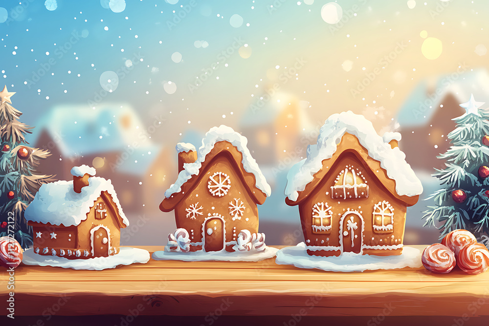 A charming scene of gingerbread houses adorned with snow and festive decorations. A charming scene of gingerbread houses adorned with snow and festive decorations.