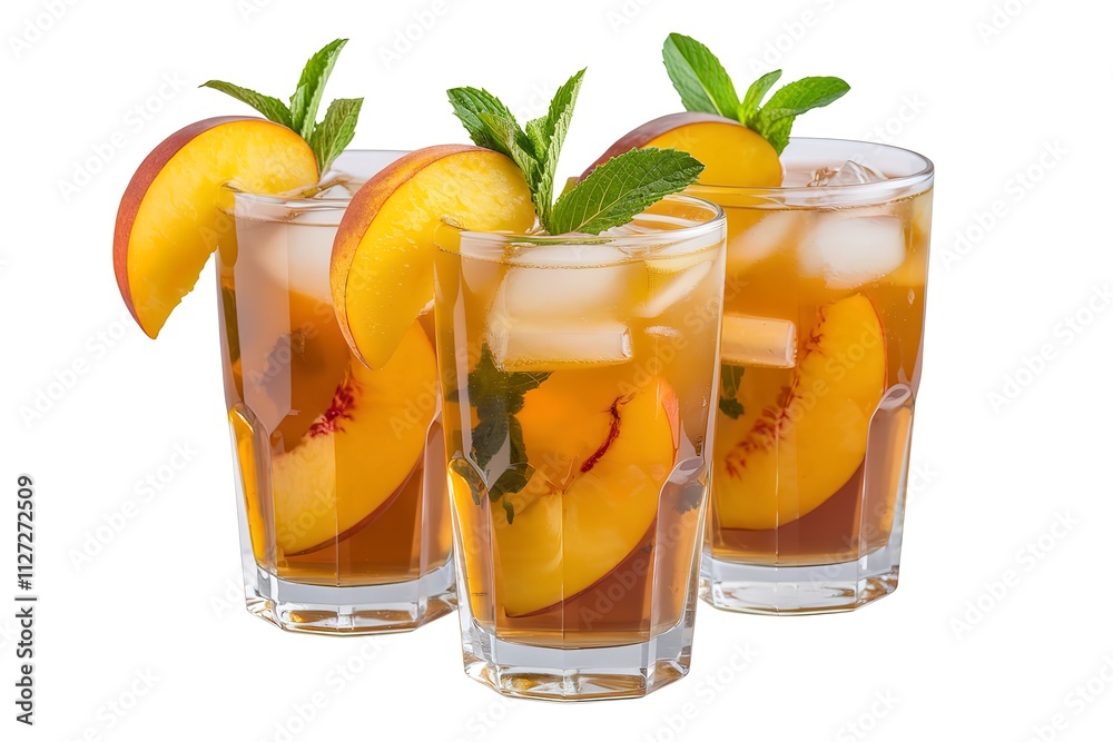 A photo of three glasses filled with golden-hued iced tea A photo of three glasses filled with golden-hued iced tea