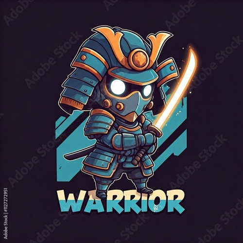 chibi robot samurai character with a playful pose, large expressive eyes, and a glowing katana. The character should wear stylized armor that blends traditional samurai and futuristic elements. Below 