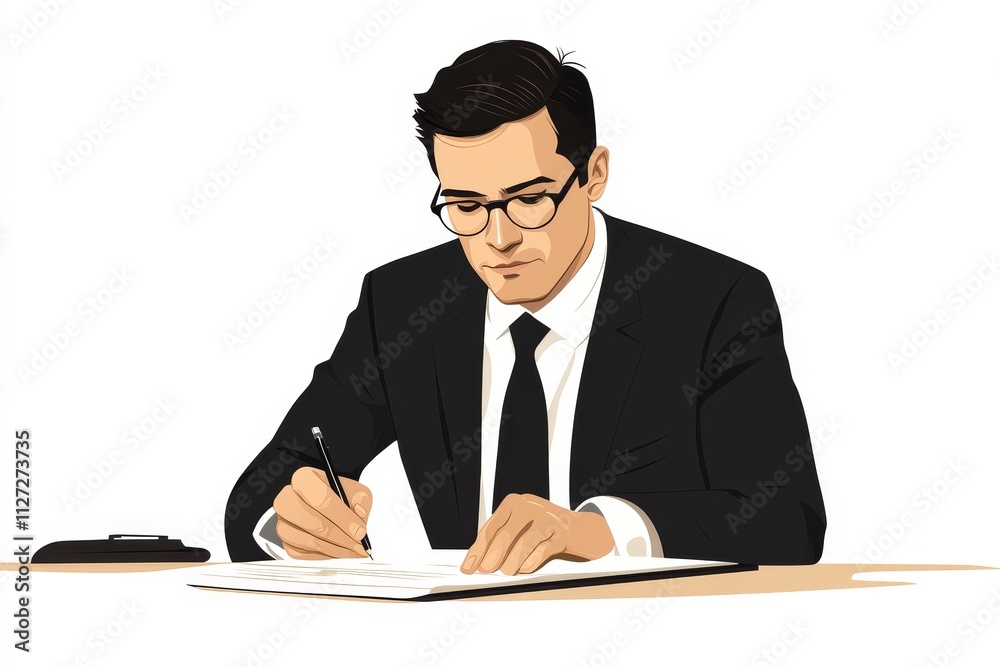 Business Professional in Suit Writing at Desk with Pen and Paper in Modern Office Setting Business Professional in Suit Writing at Desk with Pen and Paper in Modern Office Setting