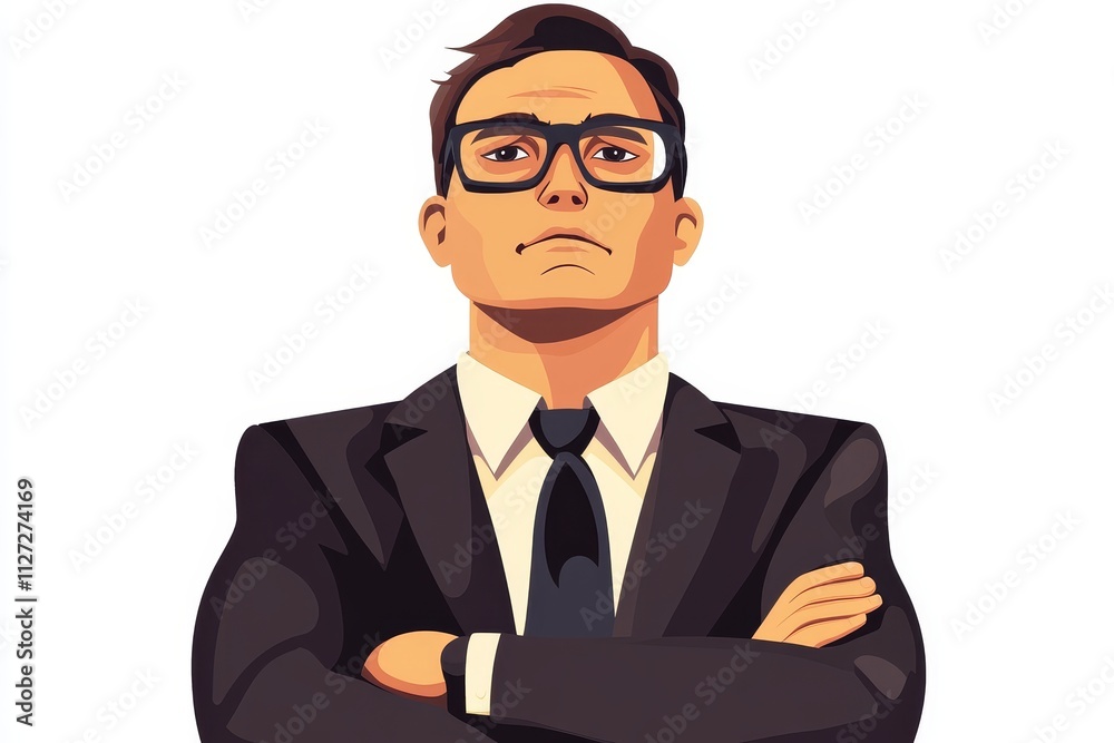 Confident Businessman in Suit with Glasses and Crossed Arms on White Background Illustration Confident Businessman in Suit with Glasses and Crossed Arms on White Background Illustration
