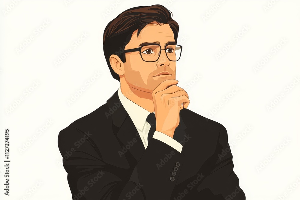 Thoughtful Businessman in Suit and Glasses Contemplating Ideas in a Modern Office Setting Thoughtful Businessman in Suit and Glasses Contemplating Ideas in a Modern Office Setting