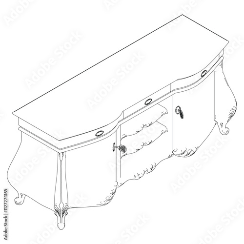 Elegant antique sideboard furniture and home interior decorations in trendy vintage retro style. Modern hand drawn black sketch vector illustrations isolated on white background