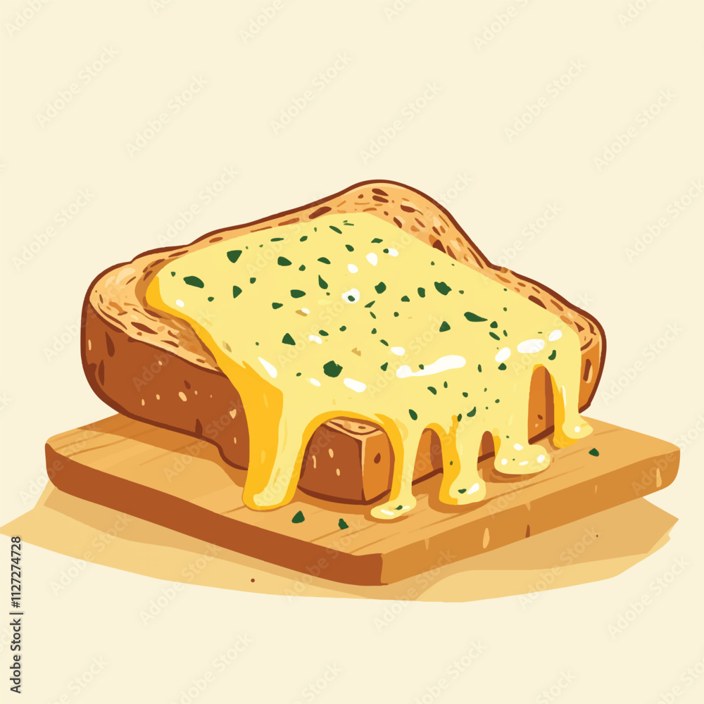 flat illustration of a Cheese slices melting over freshly baked bread, with a golden, gooey texture and herbs sprinkled on top flat illustration of a Cheese slices melting over freshly baked bread, with a golden, gooey texture and herbs sprinkled on top
