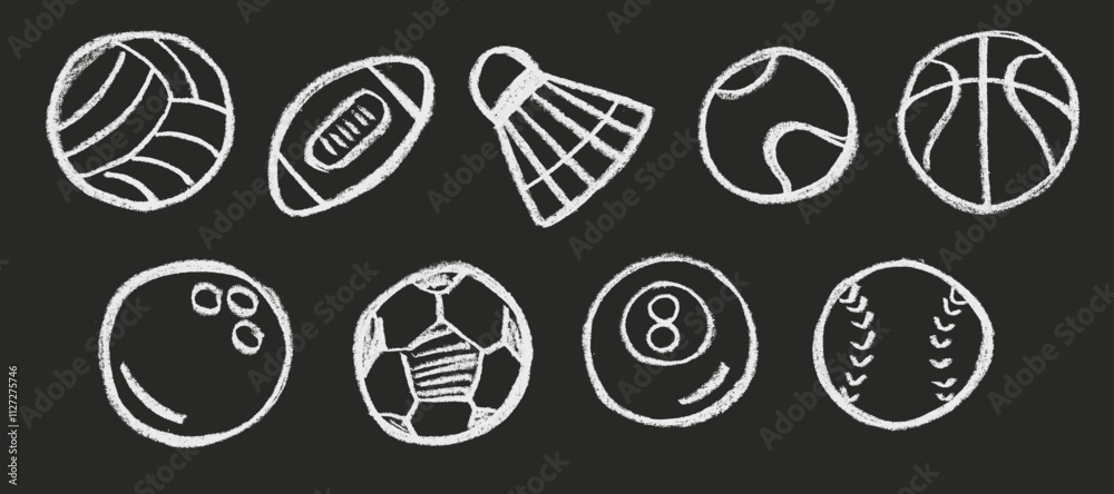 Sports Ball Icons Crayon Chalk Drawing Vector Set Chalkboard