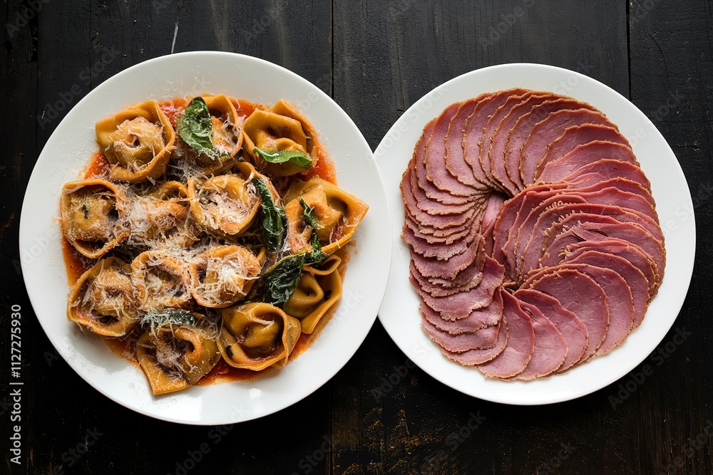 Φωτογραφία A photo of a plate of cappelletti pasta in a fresh basil sauce, sprinkled with grated cheese and a plate of thinly sliced pastrami meat