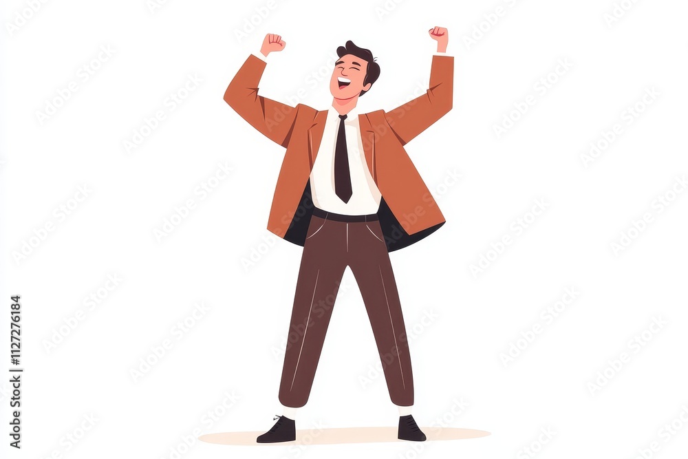 Joyful Businessman Celebrating Success with Raised Arms in Stylish Brown Suit on White Background Joyful Businessman Celebrating Success with Raised Arms in Stylish Brown Suit on White Background