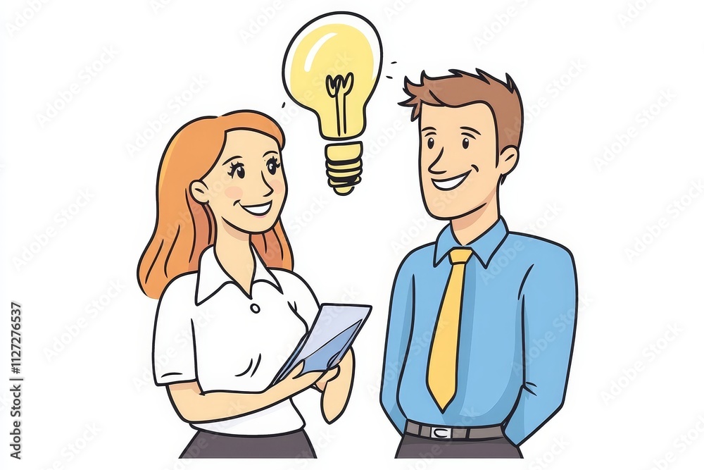 Business Professionals Brainstorming with a Digital Tablet and Light Bulb Idea Symbol Business Professionals Brainstorming with a Digital Tablet and Light Bulb Idea Symbol