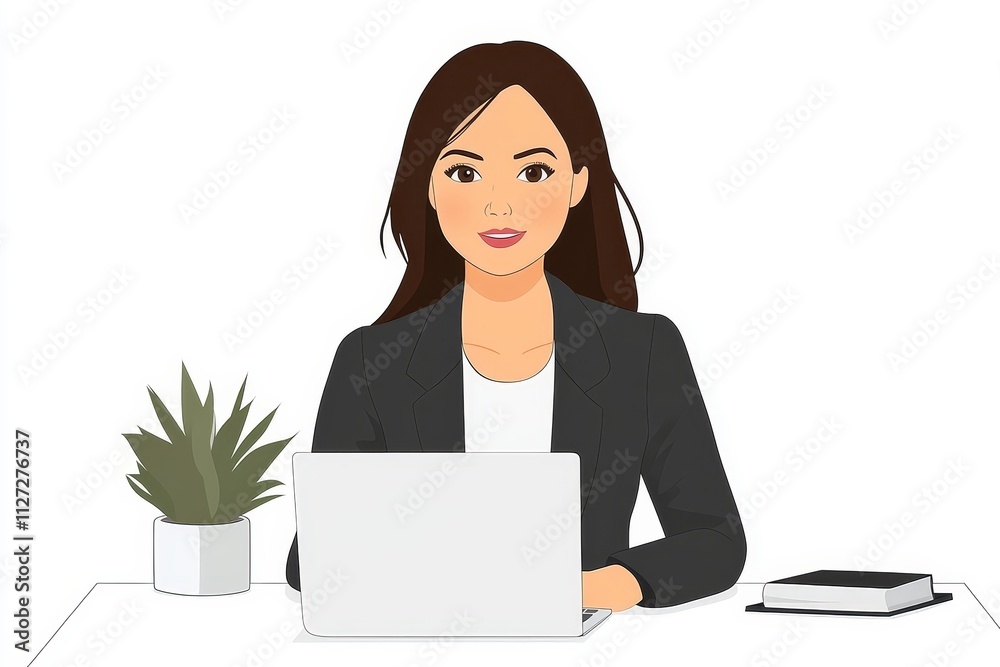 Professional Woman Working on Laptop at Desk with Plant and Notebook in Minimalist Office Setting Professional Woman Working on Laptop at Desk with Plant and Notebook in Minimalist Office Setting