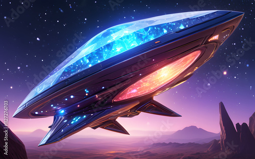 A starship powered by enchanted crystals glowing with energy photo