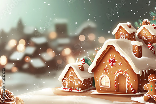 A whimsical scene of gingerbread houses in a snowy landscape, evoking holiday cheer.
