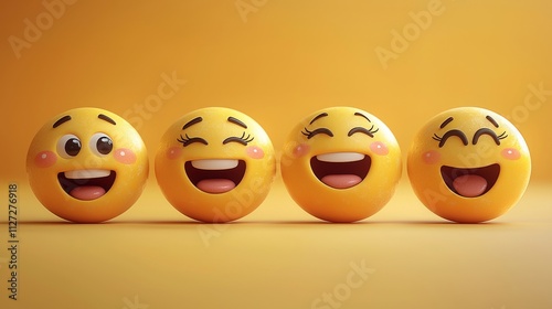 A vivid collection of yellow emoji balls, each depicting different joyful feelings, set against a bright yellow backdrop.