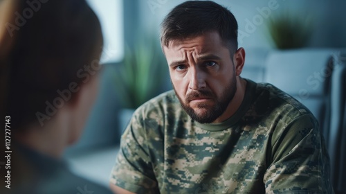 Veteran in deep depression visiting office of psychologist. Soldier have therapy session with professional doctor indoors. Ptsd and mental problems. Exhausted male in military uniform t-shirt