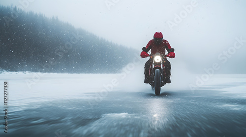 A motorcyclist speeding across the frozen lake under soft falling snow leaving a trail behind. photo