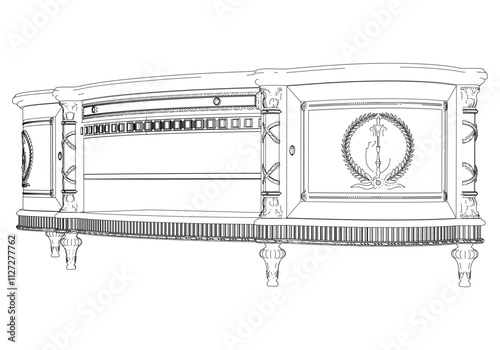 Elegant antique sideboard furniture and home interior decorations in trendy vintage retro style. Modern hand drawn black sketch vector illustrations isolated on white background