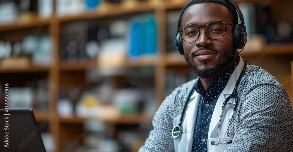 A young African American male physician in a white coat sits in a cabinet, speaking on a video call with a patient via headset and laptop. Healthcare, medical webinar. A young African American male physician in a white coat sits in a cabinet, speaking on a video call with a patient via headset and laptop. Healthcare, medical webinar.