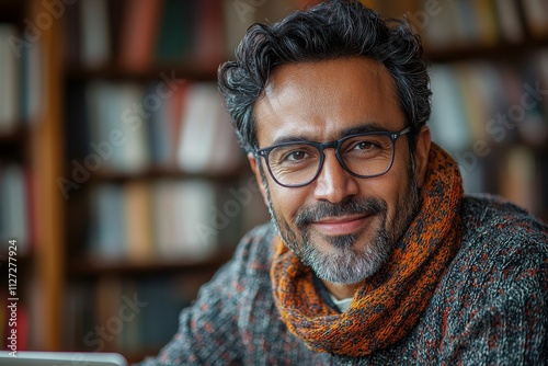 A smiling Indian business man, who could be an HR employer, teacher, or lawyer, holds a CV document while conducting a virtual job interview via video conference, consulting a client on his laptop