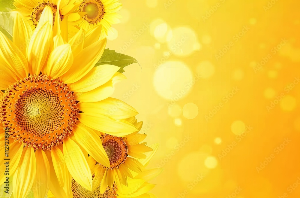 Obraz premium Sunflower on a yellow background, close-up, with copy space. Sunflowers in bloom, with sunshine, in a summer nature landscape. Warm, bright, sunny wallpaper or banner template